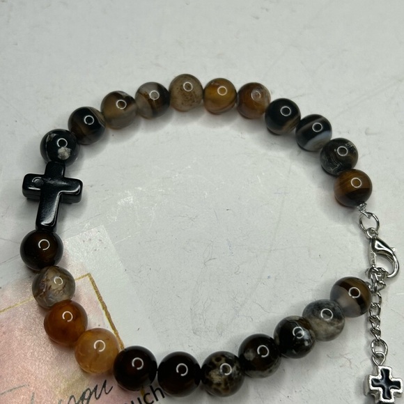 Brown Agate Bracelet with Black Cross - Picture 2 of 3